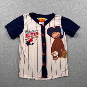 VTG Curious George Shirt Boys 6 Navy White Baseball Jersey Pinstripe All Stars